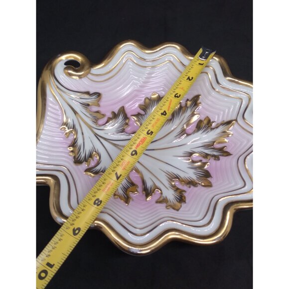 Vtg. APM Shell Dish Gold Leaf Accent 9" Pink White Gold Trim Hollywood Regency - Picture 5 of 8